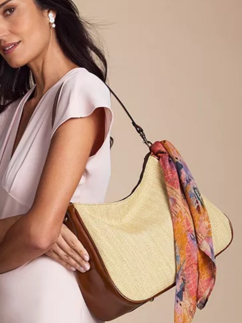 Woven Cream Straw Shoulder Bag with Brown Trim and Detachable Scarf